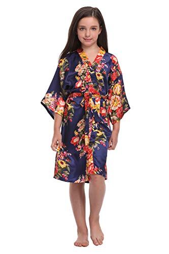 Productafbeelding van de bloemen satijnen kimono-gewaden voor meisjes die zich klaarmaken voor gewaden voor bruiloftsfeest Navy